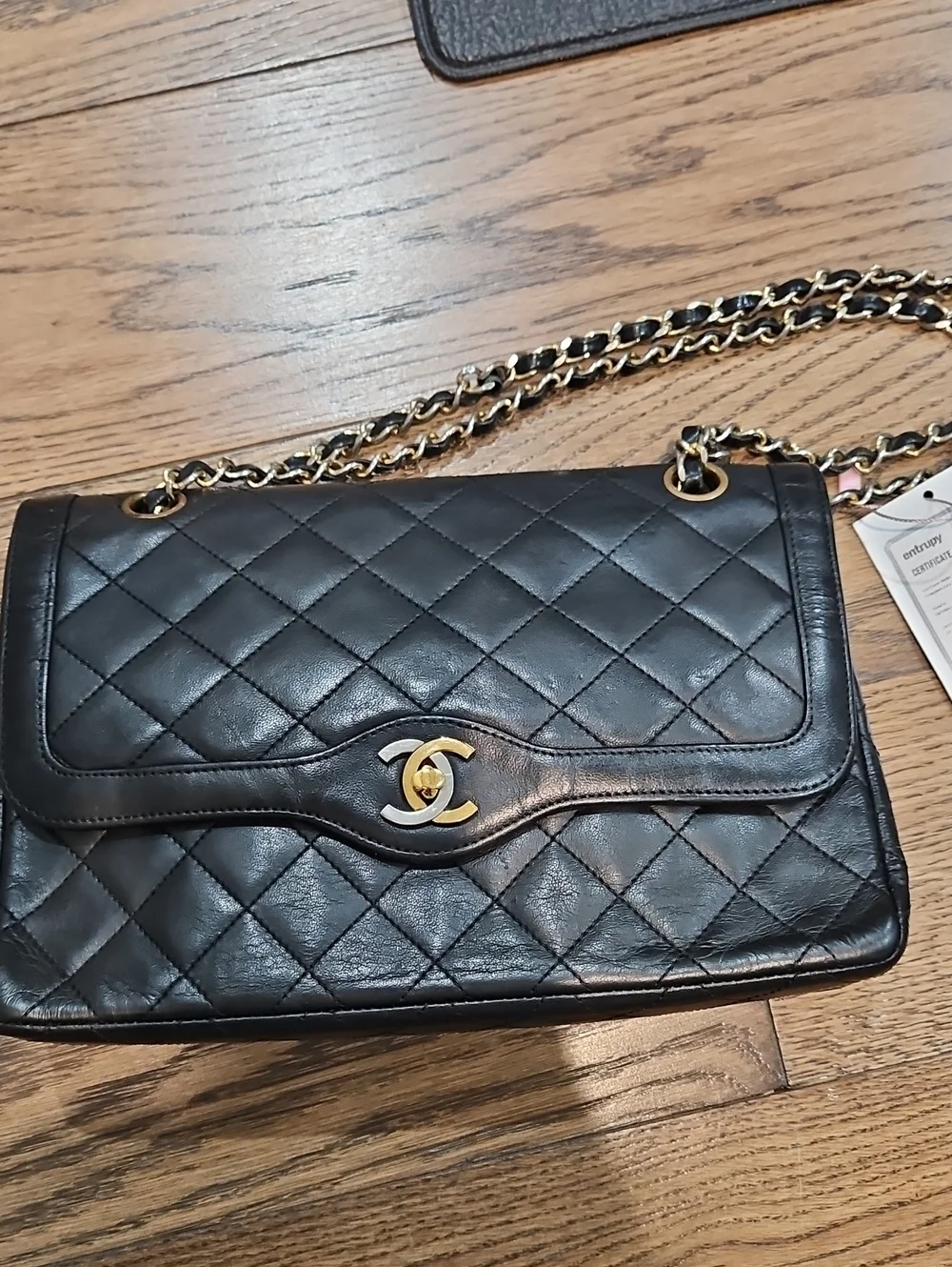 Vintage CHANEL Black Quilted Leather Shoulder Bag with Gold And SilveCC Hardware